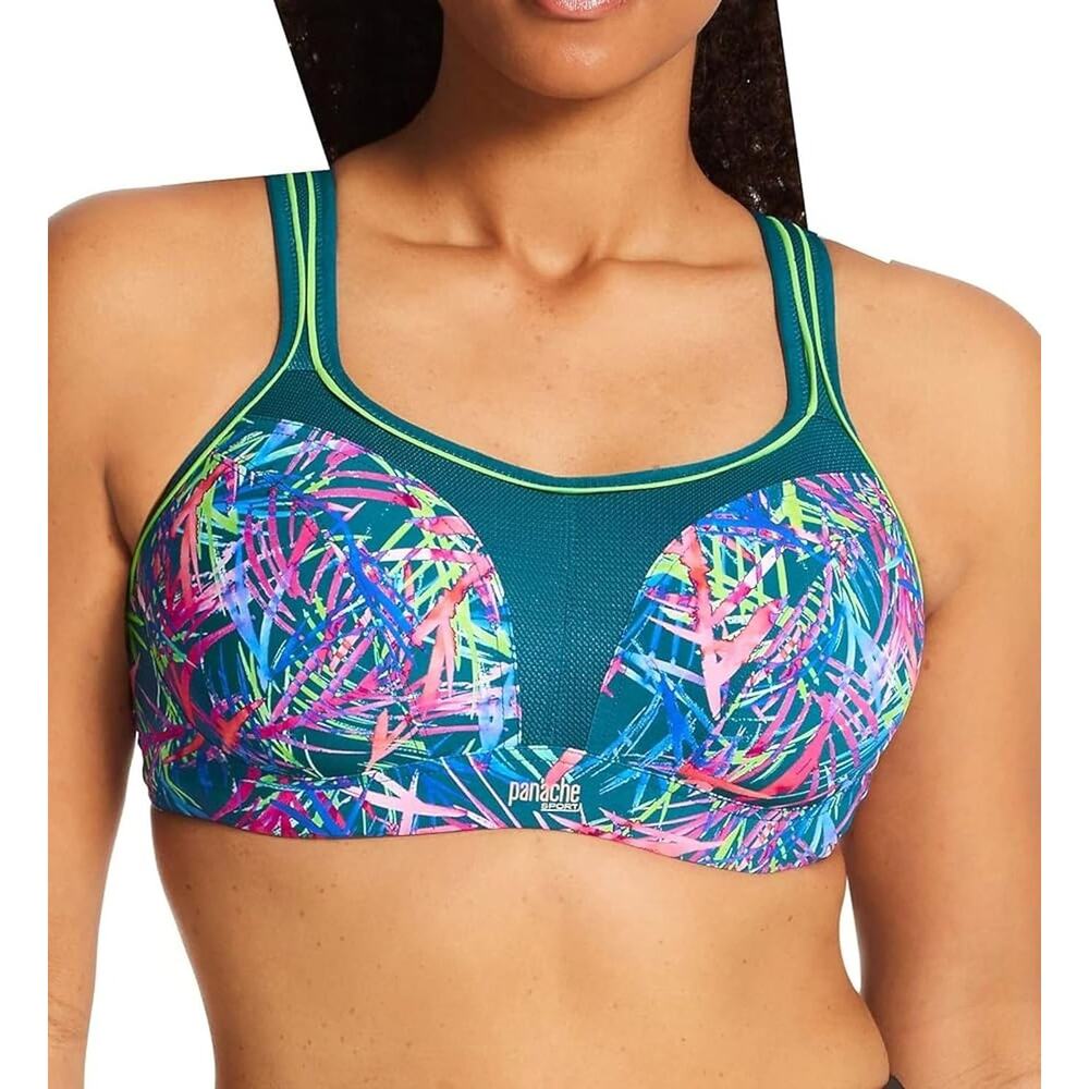 Panache Power Wired Sports Bra sz 32HH pink teal US sz 32L fiesta print